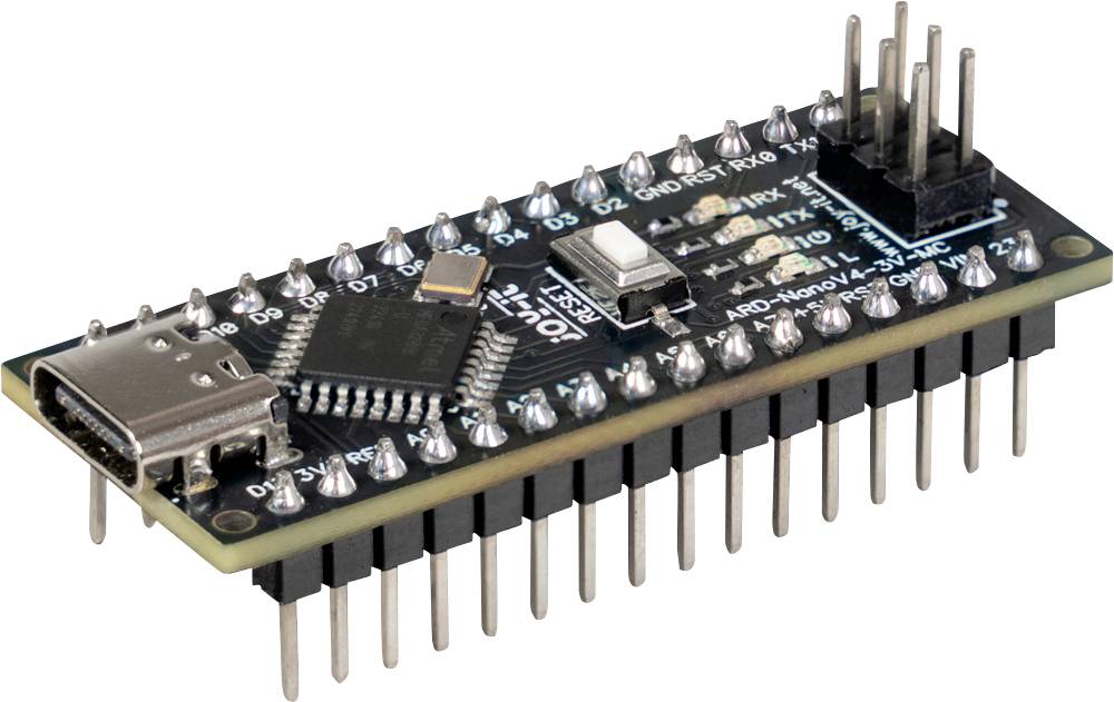 Carte de microcontrôleur avec port USB-C, plusieurs broches et composants étiquetés, utilisée pour des projets électroniques et de programmation.