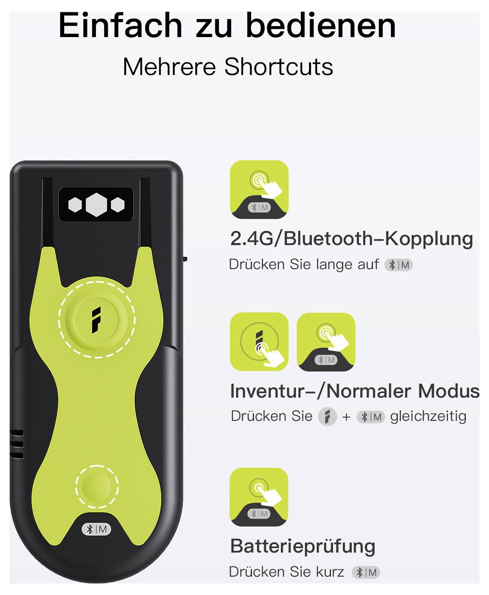 'Facile à utiliser' texte avec des images d'un appareil portatif et des icônes pour '2.4G/Appairage Bluetooth', 'Mode Inventaire/Normal' et 'Vérification de la Batterie'.