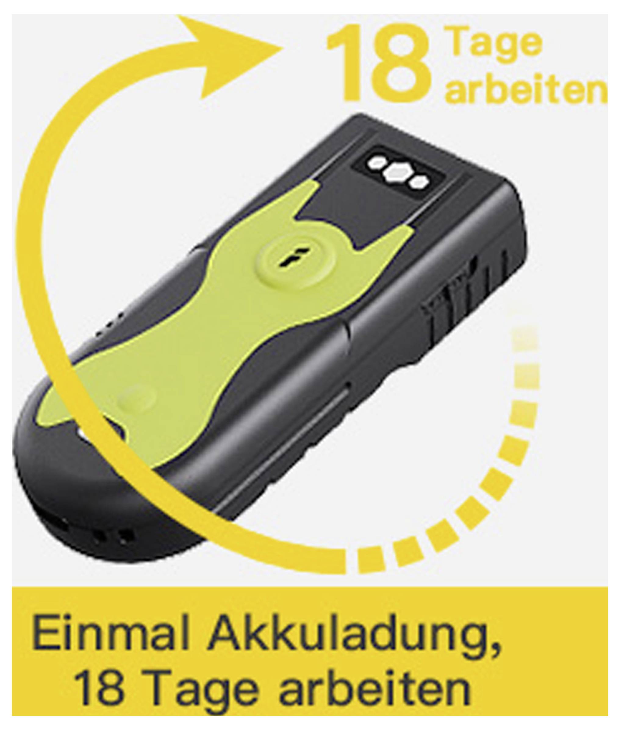 Chargeur de batterie avec une bande jaune, capable de 18 jours de fonctionnement avec une seule charge, avec le texte « Une charge de batterie, 18 jours de travail ».