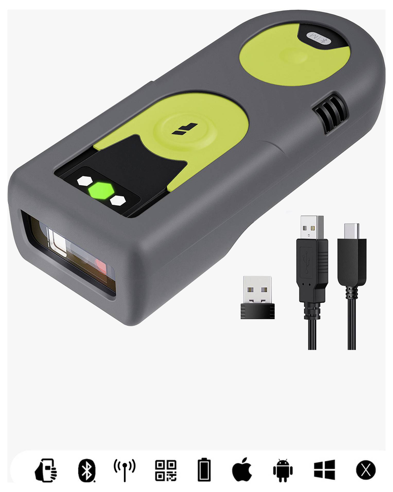 Un lecteur de code à barres portatif gris avec des accents verts, présenté avec un câble USB et un récepteur. Les icônes ci-dessous indiquent les fonctionnalités de compatibilité.