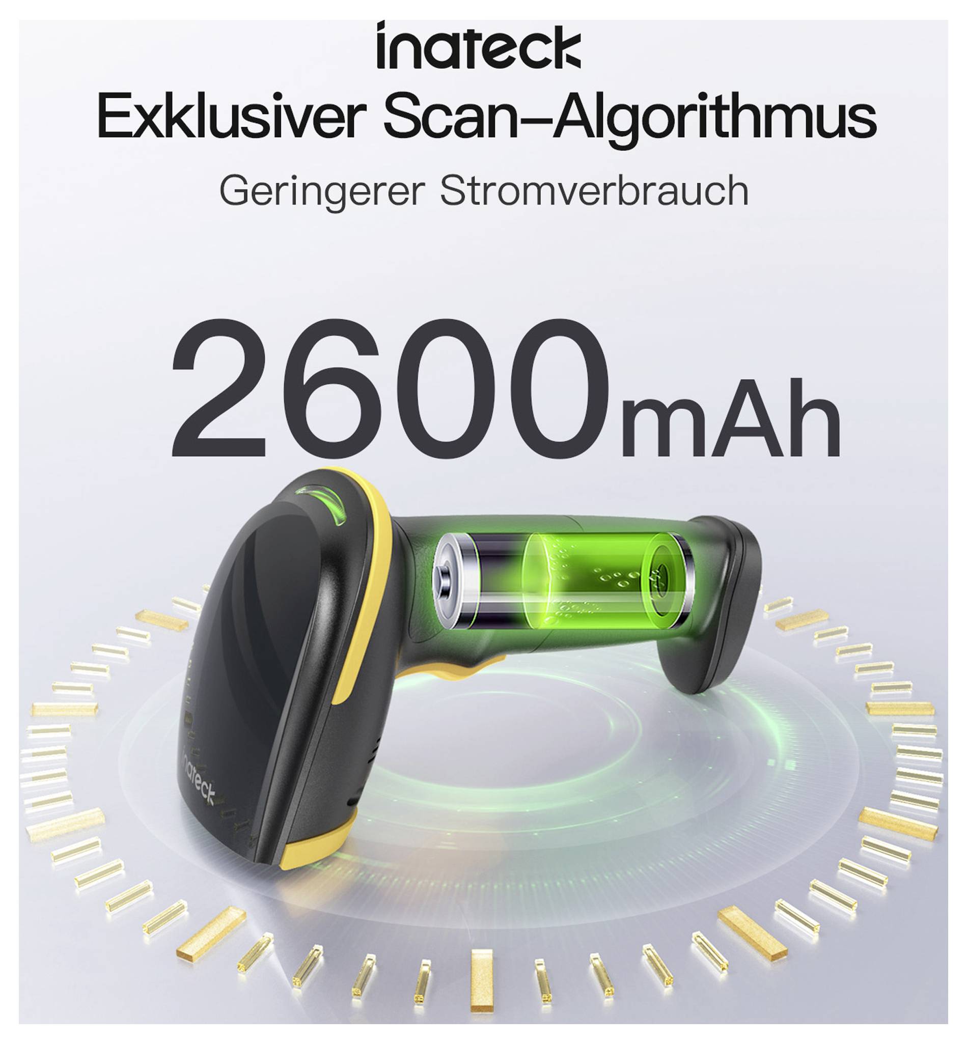 Un scanner portable avec une icône de batterie et « 2600 mAh » affichés, mettant en évidence l'autonomie prolongée de la batterie et l'efficacité énergétique.