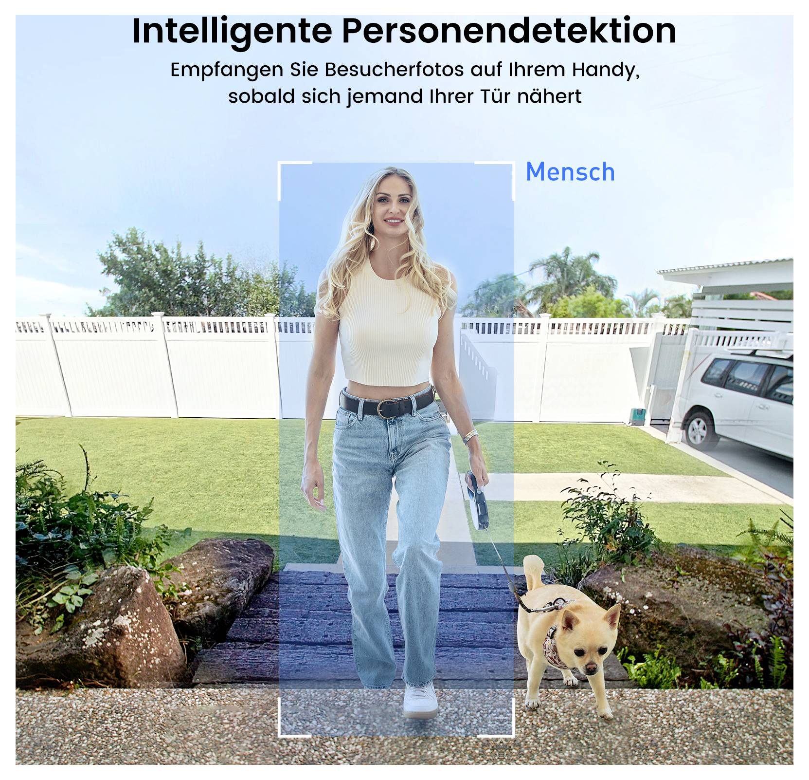 Une femme promenant un petit chien dans un jardin est capturée par un système de détection intelligent de personnes, avec le texte : « Détection intelligente de personnes ».