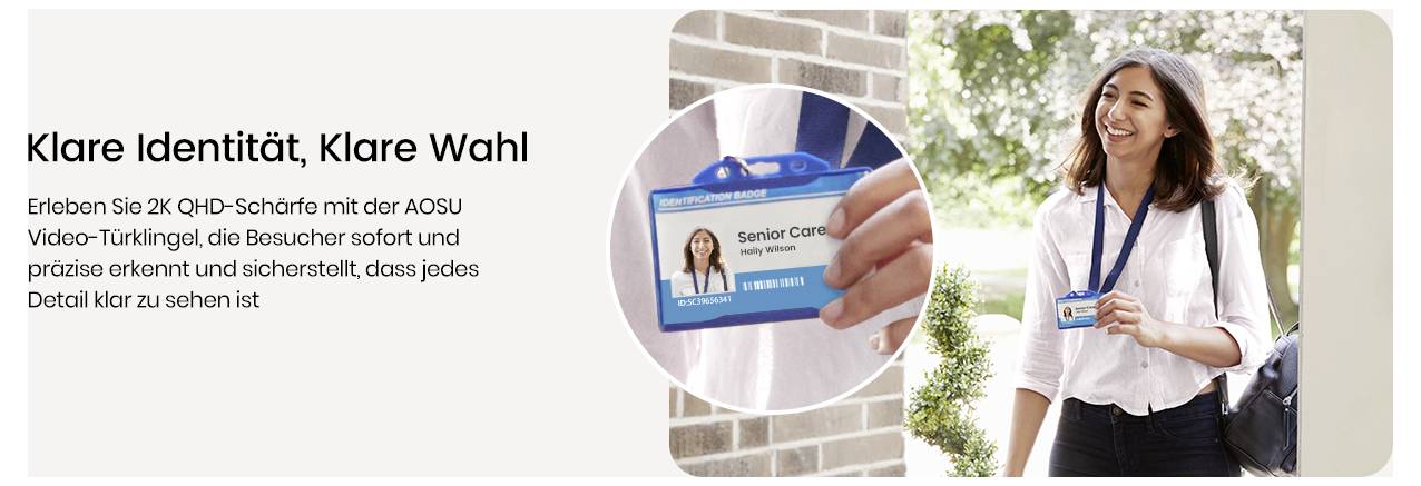 Une personne souriante portant un badge nominatif avec l'inscription « Senior Care » et une photo. Texte : « Identité claire, choix clair. » Aborde la clarté dans le contexte d'une sonnette vidéo.