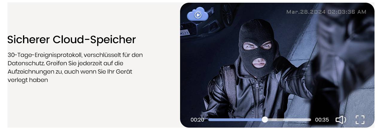 A hooded figure holding a flashlight in a dark room, viewed on a digital screen. Text reads: Sicherer Cloud-Speicher, highlighting secure cloud storage with encrypted event logs and remote access capabilities.