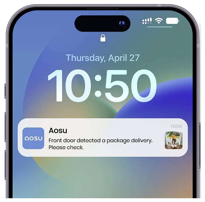 Écran de téléphone affichant une notification d'« Aosu » : « Un colis a été détecté à la porte d'entrée. Veuillez vérifier. »