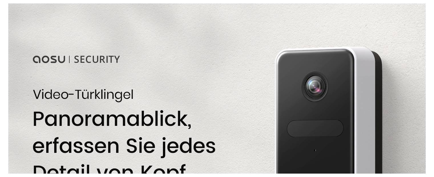 Visiophone de sécurité 'QOSU SECURITY' avec objectif caméra ; texte en allemand promouvant une vue panoramique capturant les détails.