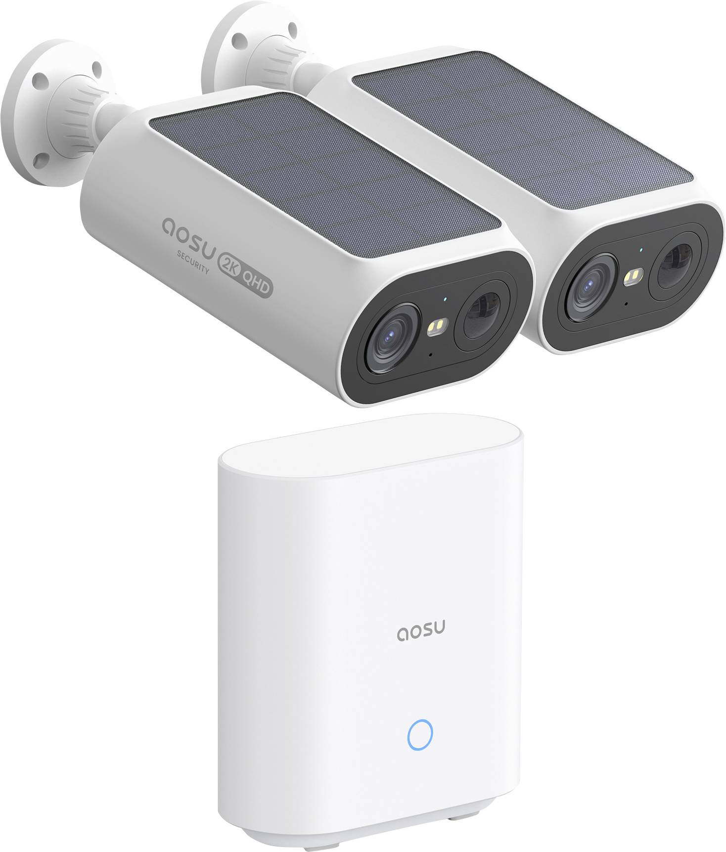 Deux caméras de sécurité à énergie solaire et un dispositif de hub séparé. Les caméras sont étiquetées « aosu 2K QHD » et conçues pour une utilisation en extérieur.