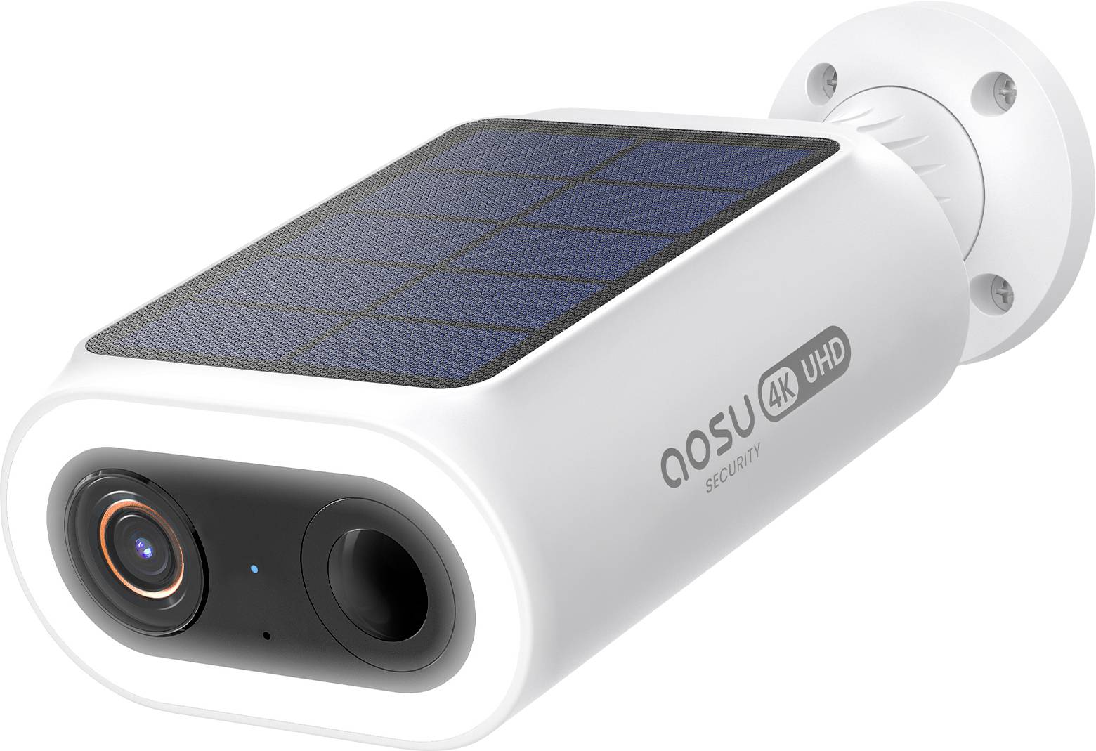 Caméra de sécurité alimentée par énergie solaire avec résolution UHD 4K, montée sur un support mural blanc.