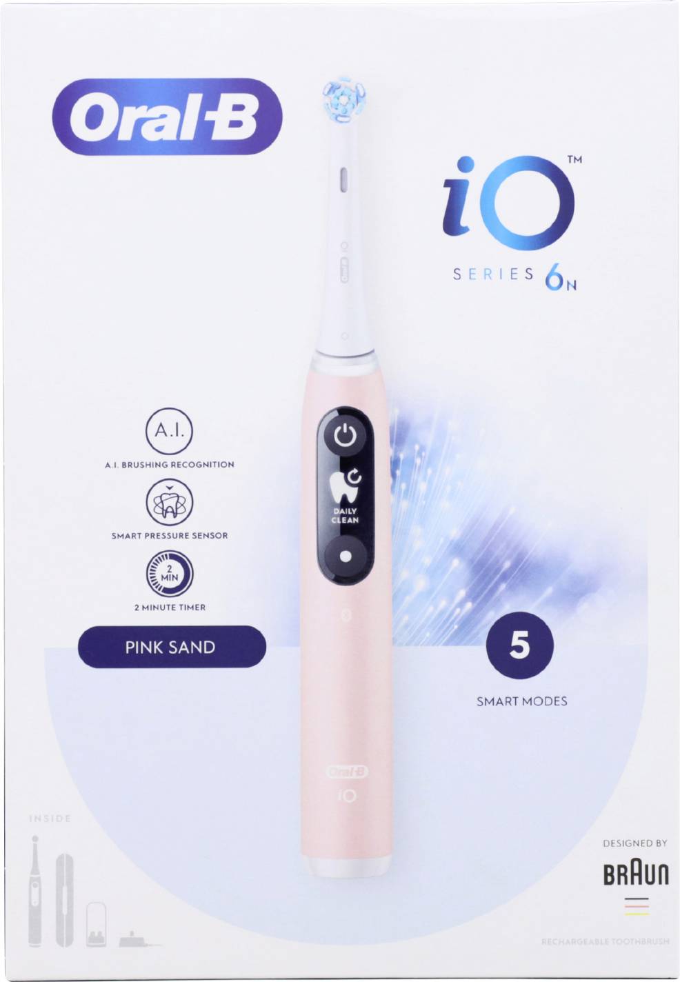 Brosse à dents électrique Oral-B iO Series 6N de couleur rose sable, dotée de 5 modes intelligents, d'une reconnaissance d'énergie par intelligence artificielle et d'un capteur de pression intelligent.