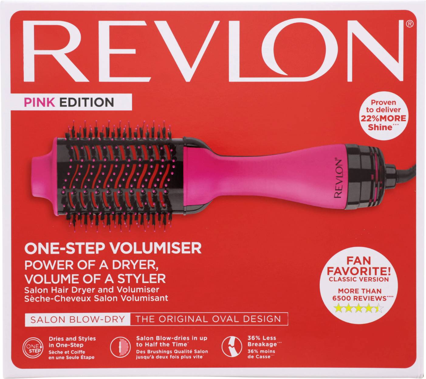 Séchoir et coiffant Revlon One-Step Volumiser en édition rose, avec revendication d'un brillance augmentée de 22 % et note de produit favori des clients.