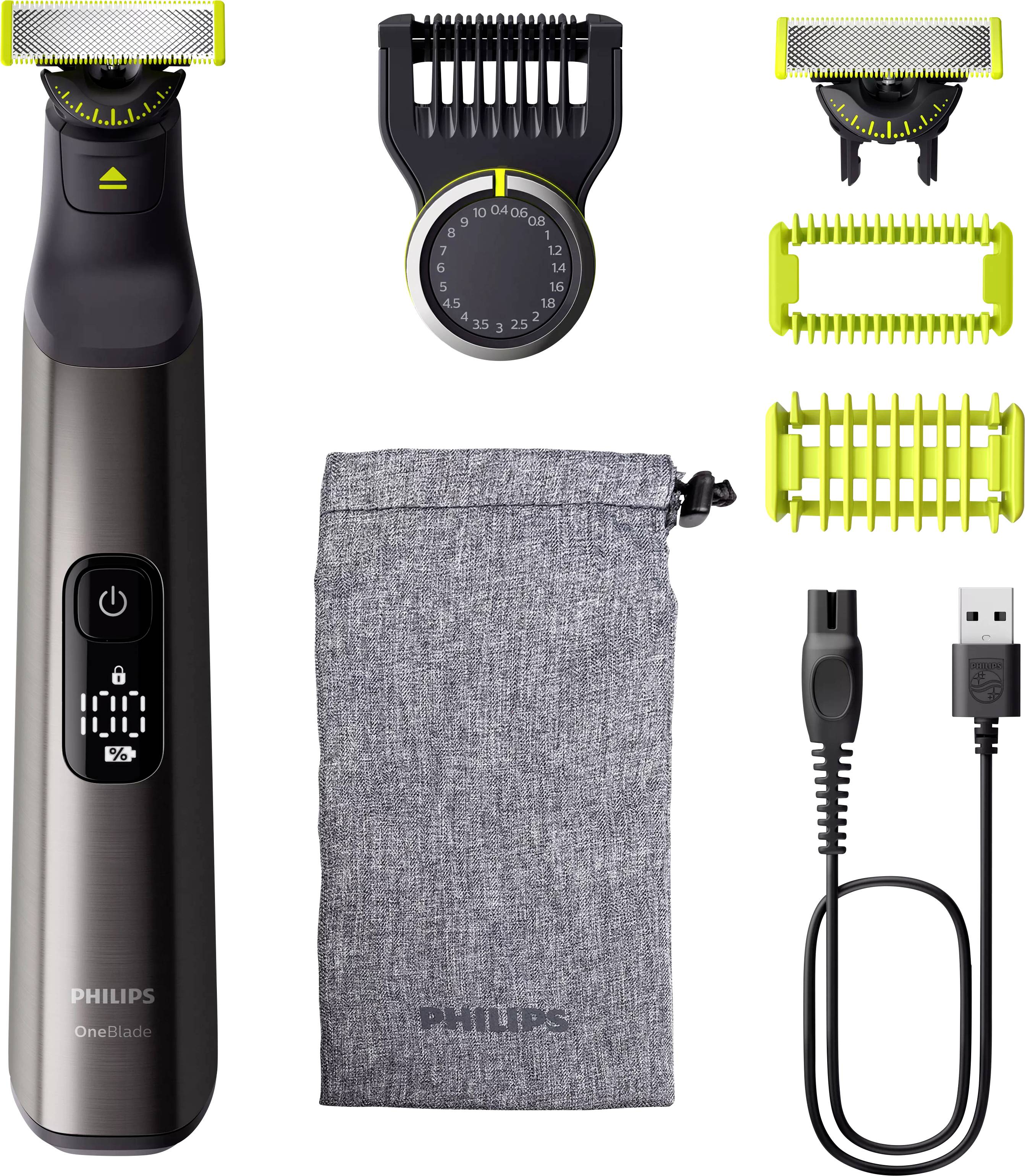 Kit de toilettage électrique avec tondeuse, peigne de longueur ajustable, peignes de précision, chargeur et pochette de rangement. Idéal pour le rasage et le stylisme.