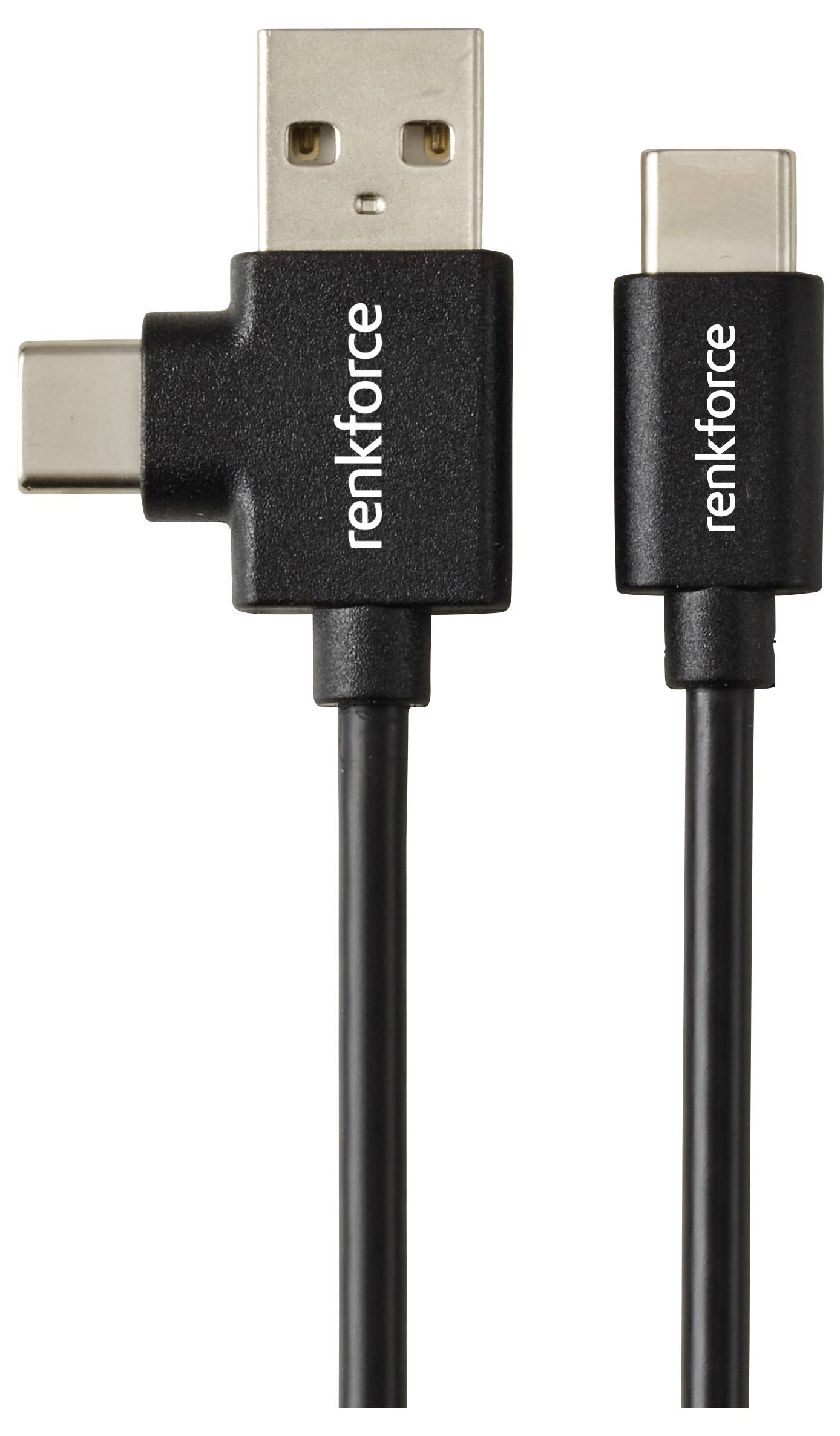 A dual-ended charging cable with USB-A, USB-C, and Micro-USB connectors, labeled 'Renkforce', showing compatibility with multiple devices.