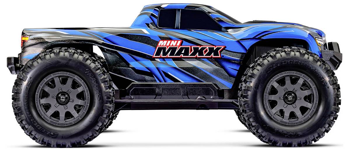 Un camion télécommandé bleu et noir avec de grandes roues robustes et les mots « Mini Maxx » sur le côté.