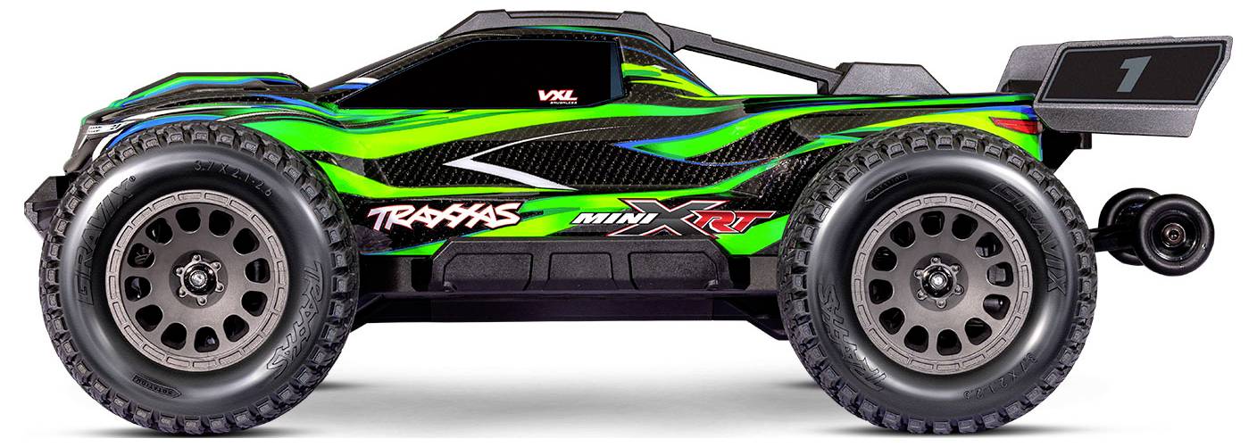 Un camion de course télécommandé vert et noir avec de grandes roues et le texte « Traxxas Mini XRT » sur le côté.