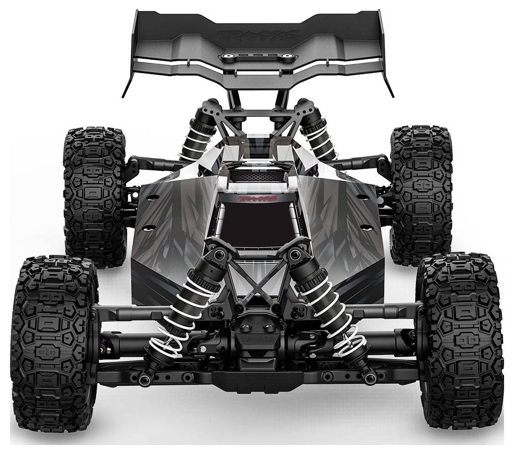 Voiture télécommandée avec de grandes roues tout-terrain, système de suspension robuste et design aérodynamique, vue de face.