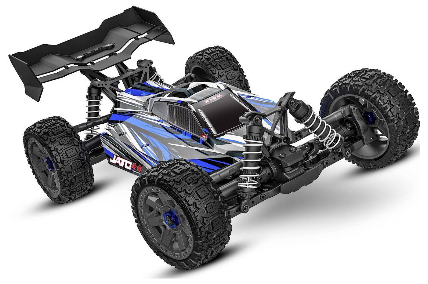 Une voiture télécommandée bleue et noire dotée de grandes roues tout-terrain et d'une suspension détaillée, conçue pour des courses à haute vitesse.