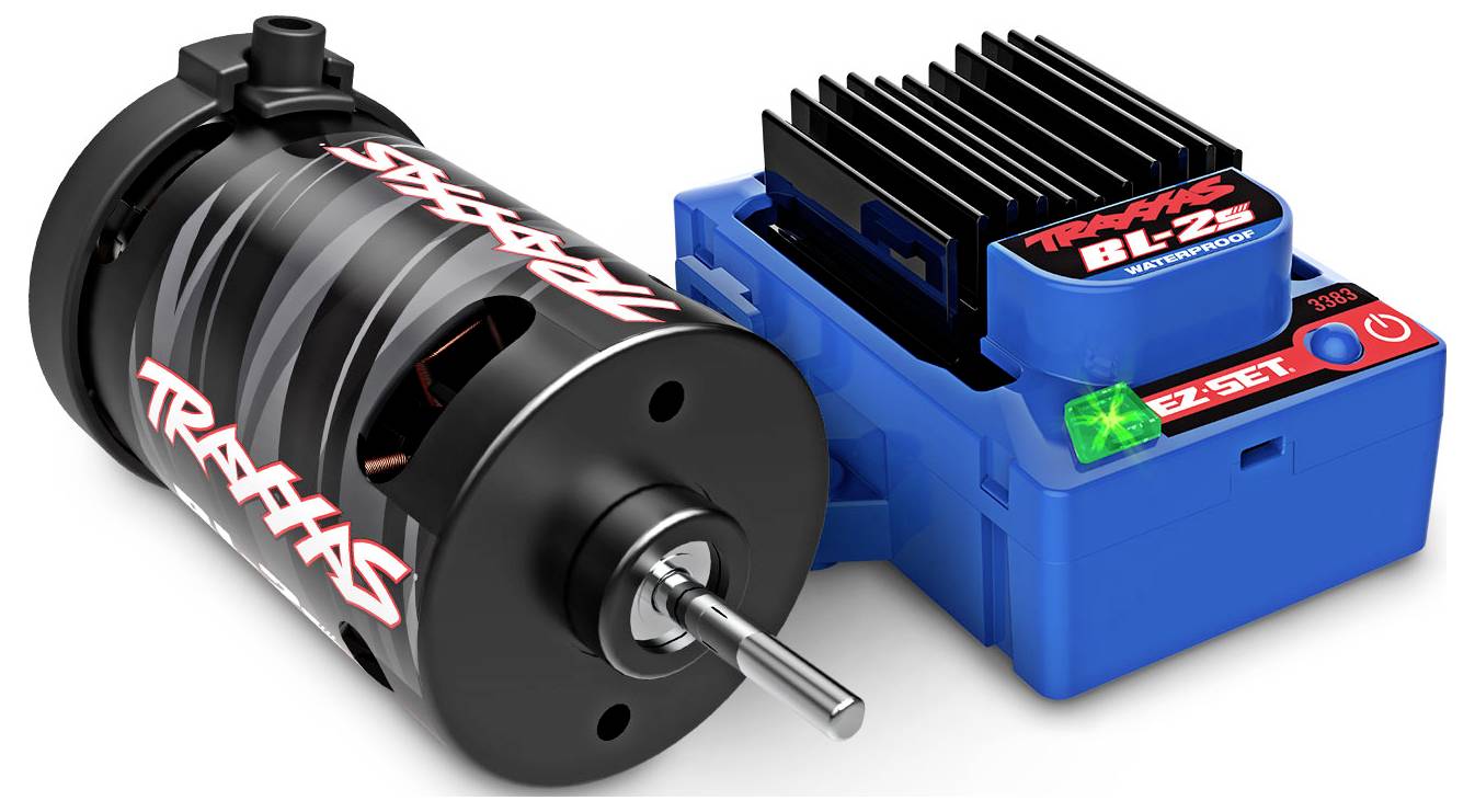 Moteur et variateur électronique Traxxas BL-2s dans un boîtier bleu avec dissipateur thermique, présentant les caractéristiques de marque et de conception.