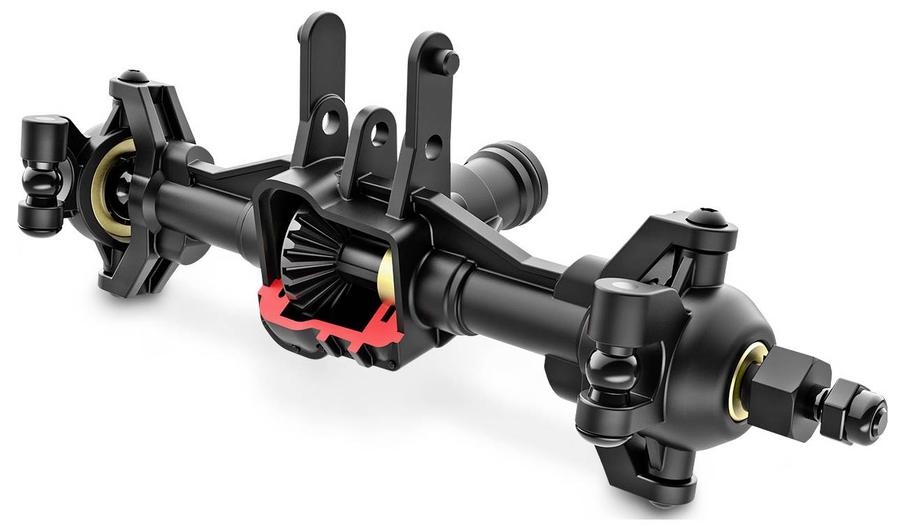 Un système d'axe mécanique noir comprenant des engrenages et des articulations, illustrant les composants rotatifs et les structures de support d'un véhicule.