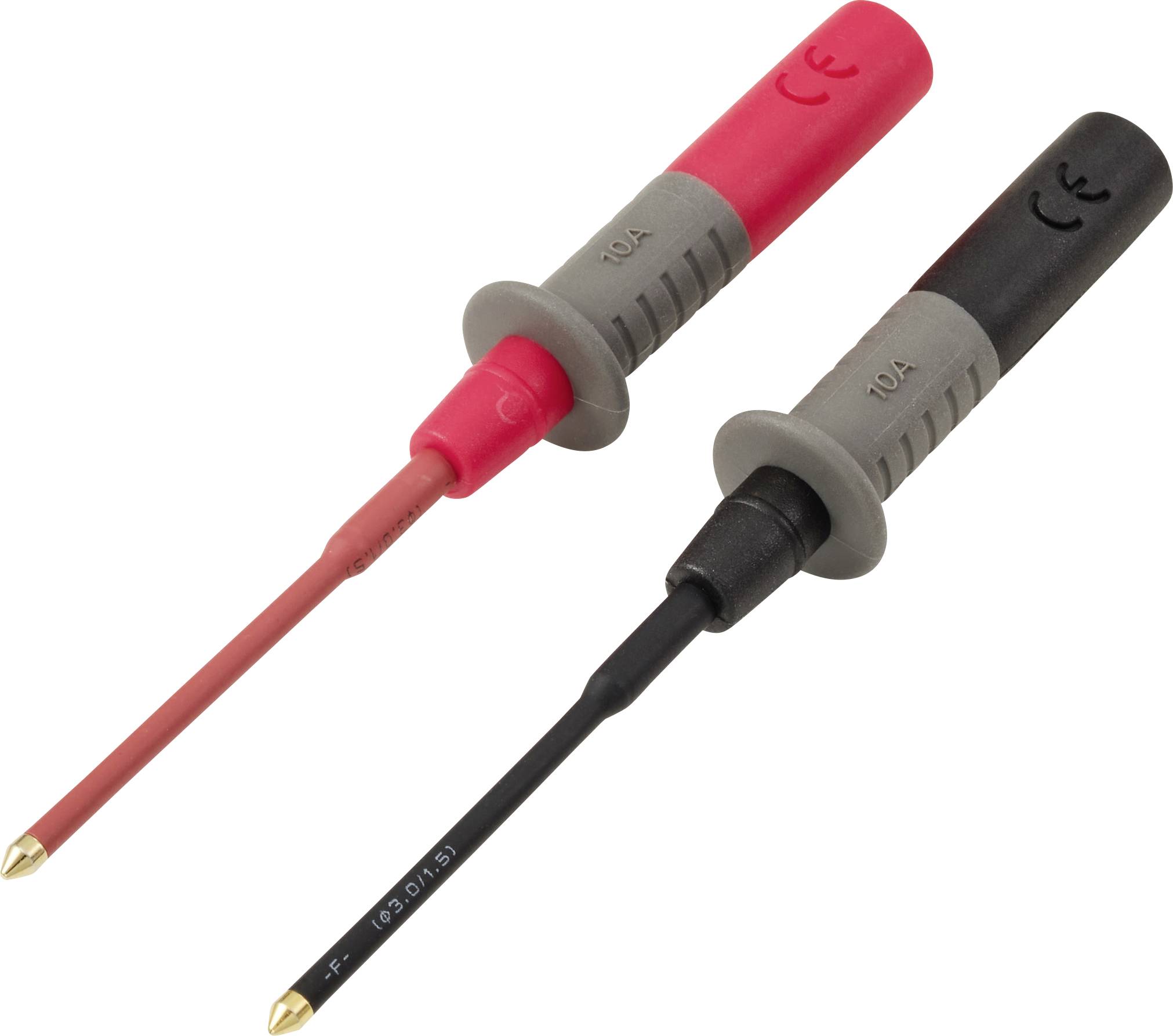 Deux sondes de multimètre : une rouge, une noire, chacune étiquetée « 10A ». Utilisées pour mesurer les courants électriques.