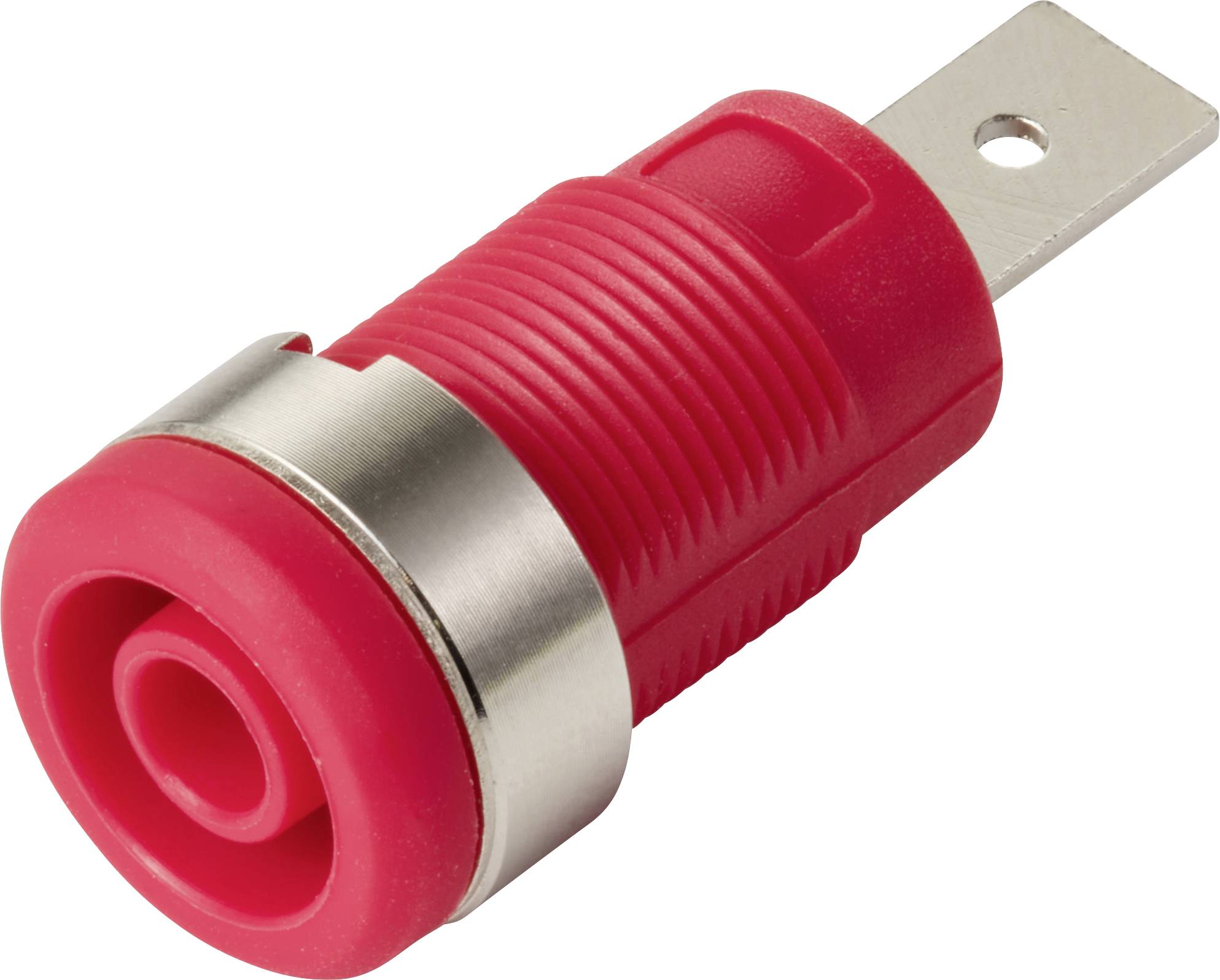 Borne d'attache isolée rouge avec terminal métallique et corps fileté pour des connexions électriques sécurisées.