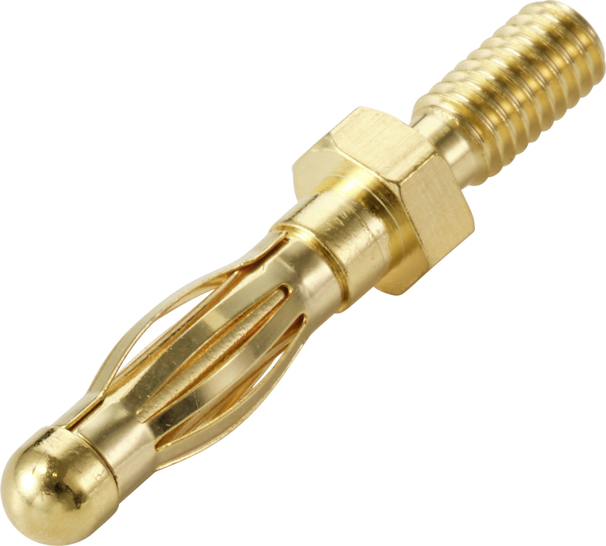 Un connecteur de type banana plug doré avec une vis filetée, utilisé pour connecter de manière sécurisée les fils audio aux enceintes ou aux équipements audio.