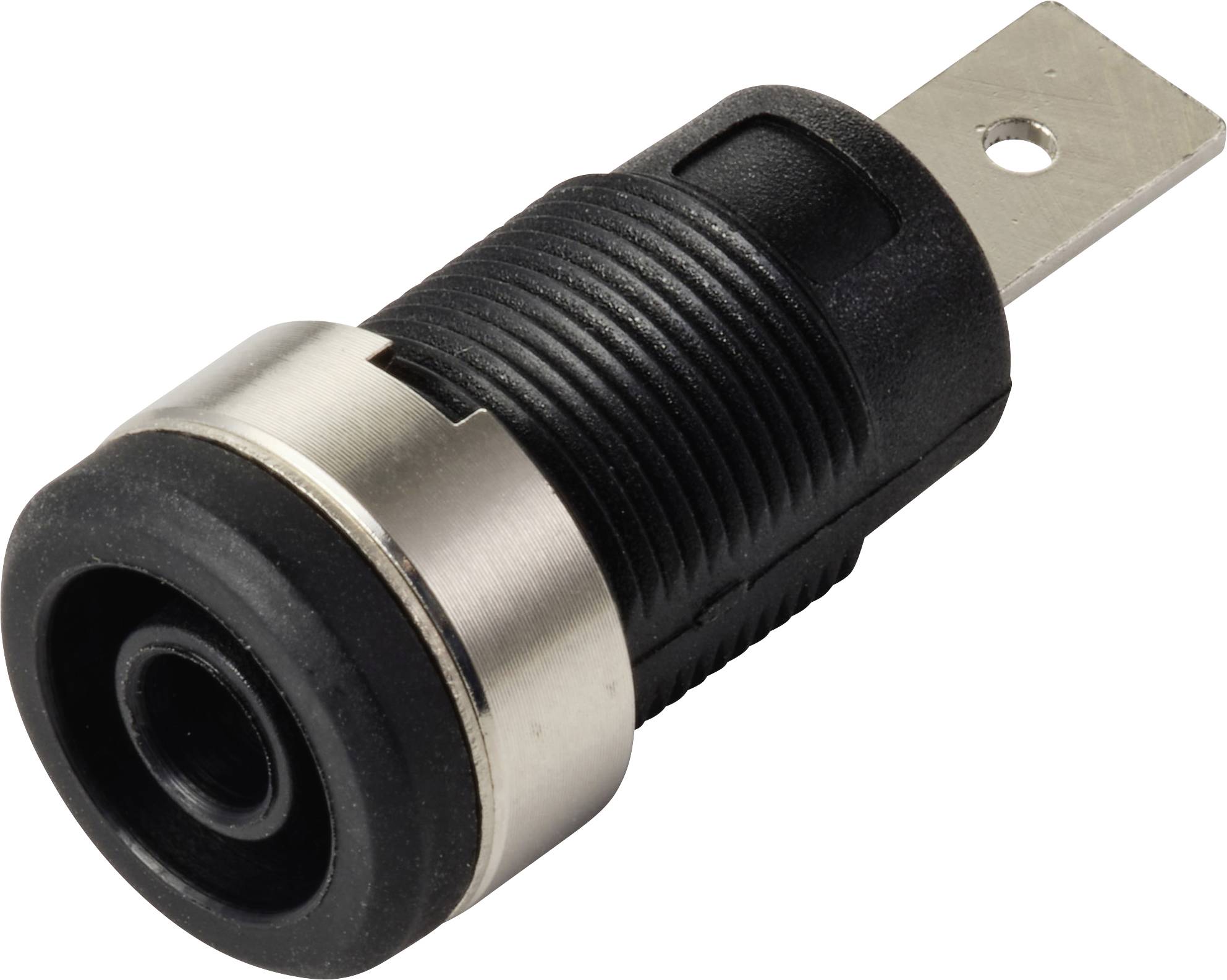 Un connecteur audio 3,5 mm avec un boîtier nervuré noir et une bague argentée, conçu pour les appareils électroniques.