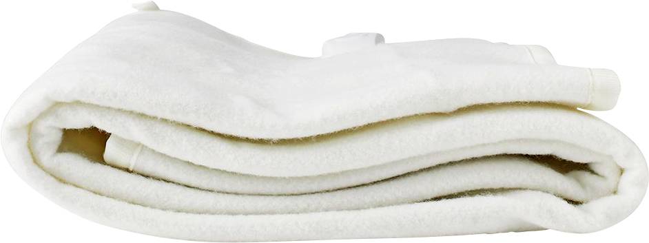 Une couverture blanche pliée, douce et moelleuse, faite d'un matériau pelucheux, révélant sa texture et son épaisseur, suggérant le confort et la chaleur.