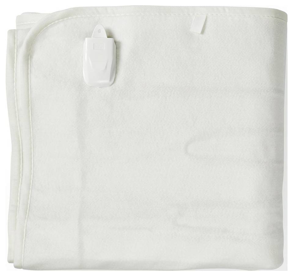 Une couverture électrique blanche pliée avec un petit dispositif de contrôle attaché, conçue pour procurer chaleur et confort.