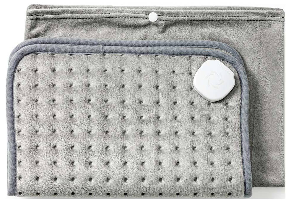 Coussin chauffant électrique gris avec une surface texturée douce, muni d'un bouton de commande et d'un petit logo blanc dans le coin.