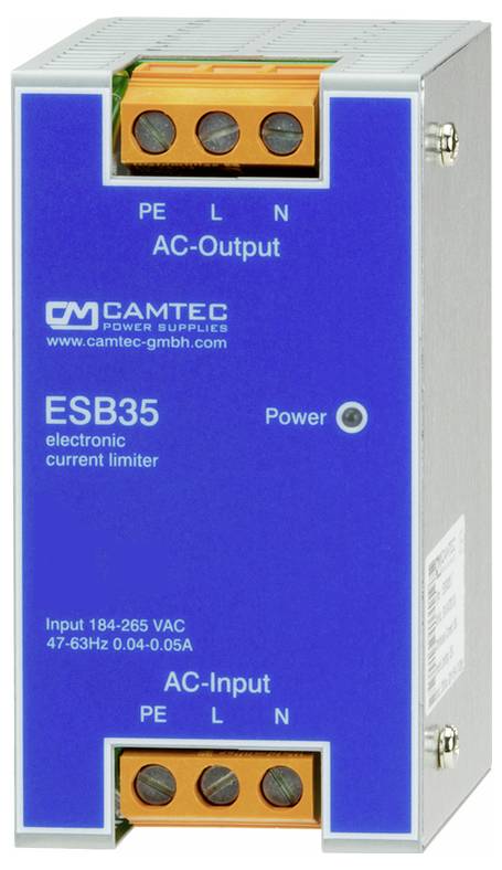 'Limiteur de courant électronique CAMTEC ESB35. Entrée : 184-265 VAC, 47-63 Hz, 0,04-0,05 A. Connexions d'alimentation et d'entrée-sortie CA représentées.'