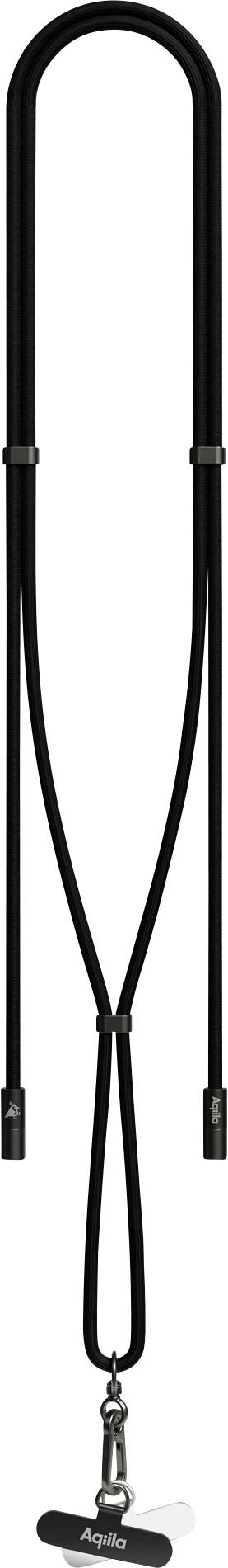 Un cordon noir avec un clip détachable pour tenir des badges ou des clés, muni d'un porte-badge à l'extrémité inférieure.