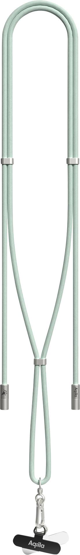 Un cordon de couleur menthe avec des fermoirs métalliques et un clip au bas.