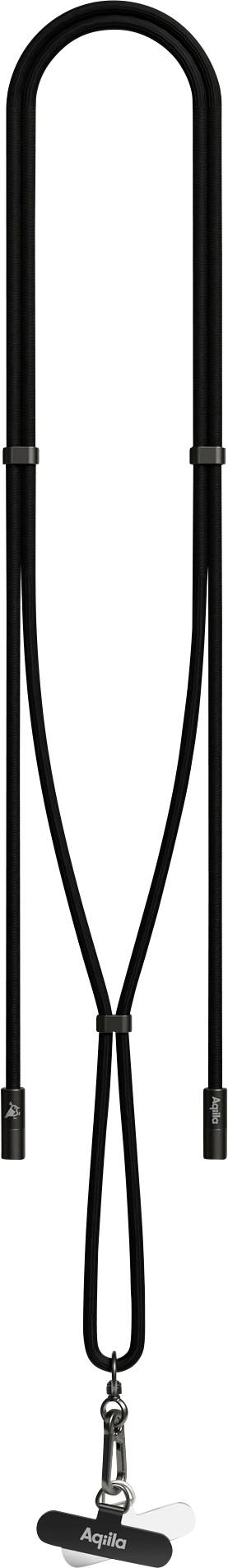 Un cordon noir avec un petit clip de fixation à son extrémité, conçu pour maintenir des objets de manière sécurisée.