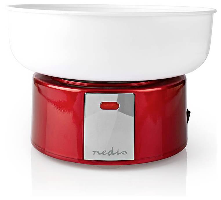 Une machine à barbe à papa électrique rouge et blanche avec un grand bol rond et un bouton marche/arrêt à l'avant.