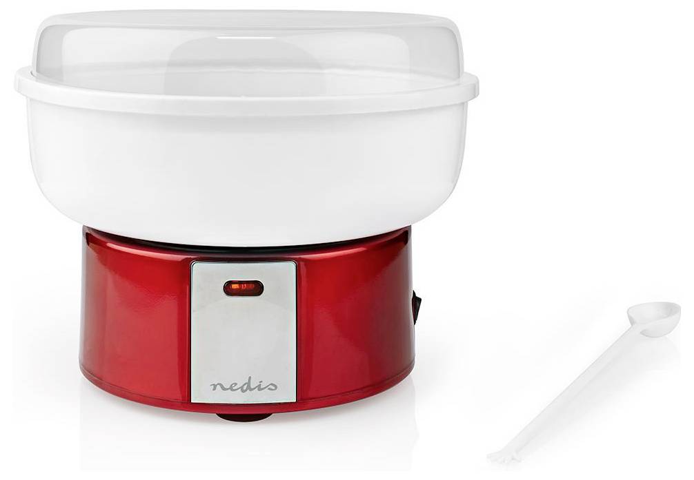 Une machine à barbe à papa rouge et blanche avec un couvercle transparent et une cuillère de service incluse.