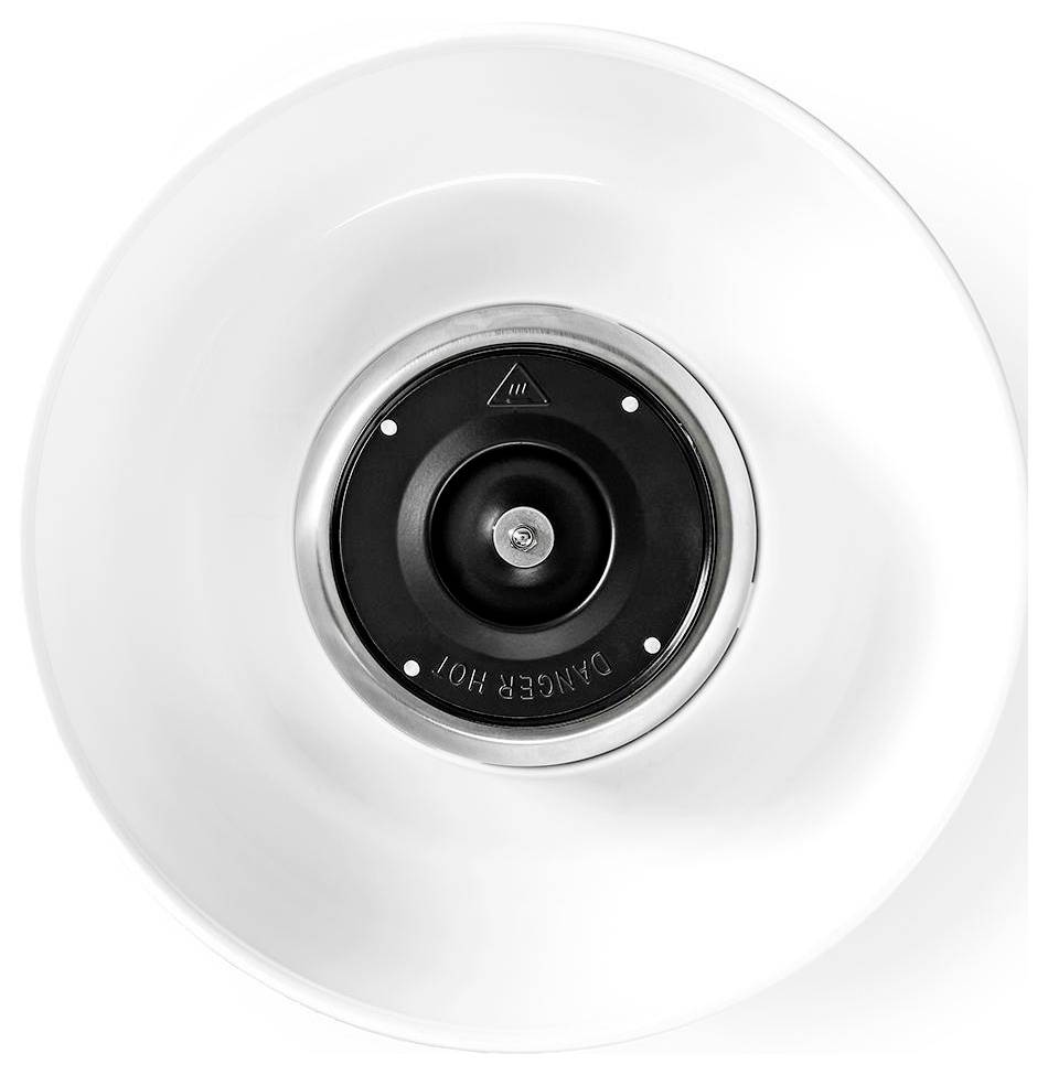 Vue de dessus d'un appareil noir et argenté avec un design circulaire blanc, marqué « DANGER CHAUD » indiquant un risque potentiel.