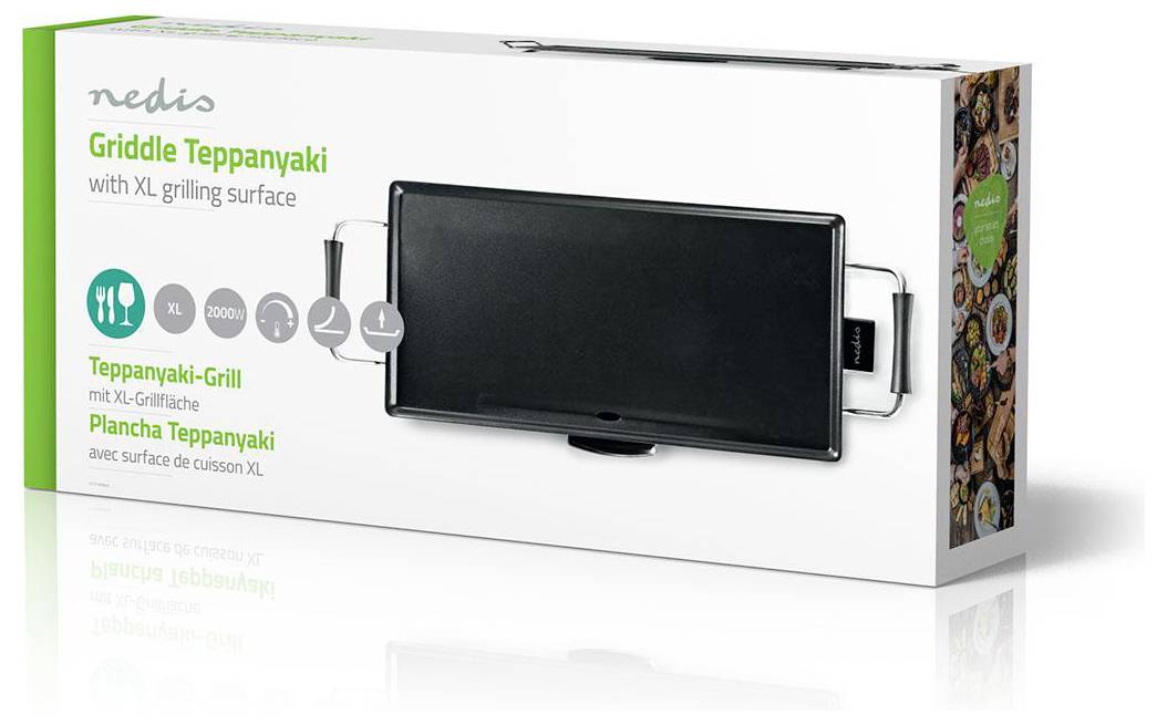 Teppanyaki Griddle Nedis avec surface de grillade XL. L'emballage du produit présente un grill électronique, adapté pour la cuisson à l'intérieur.