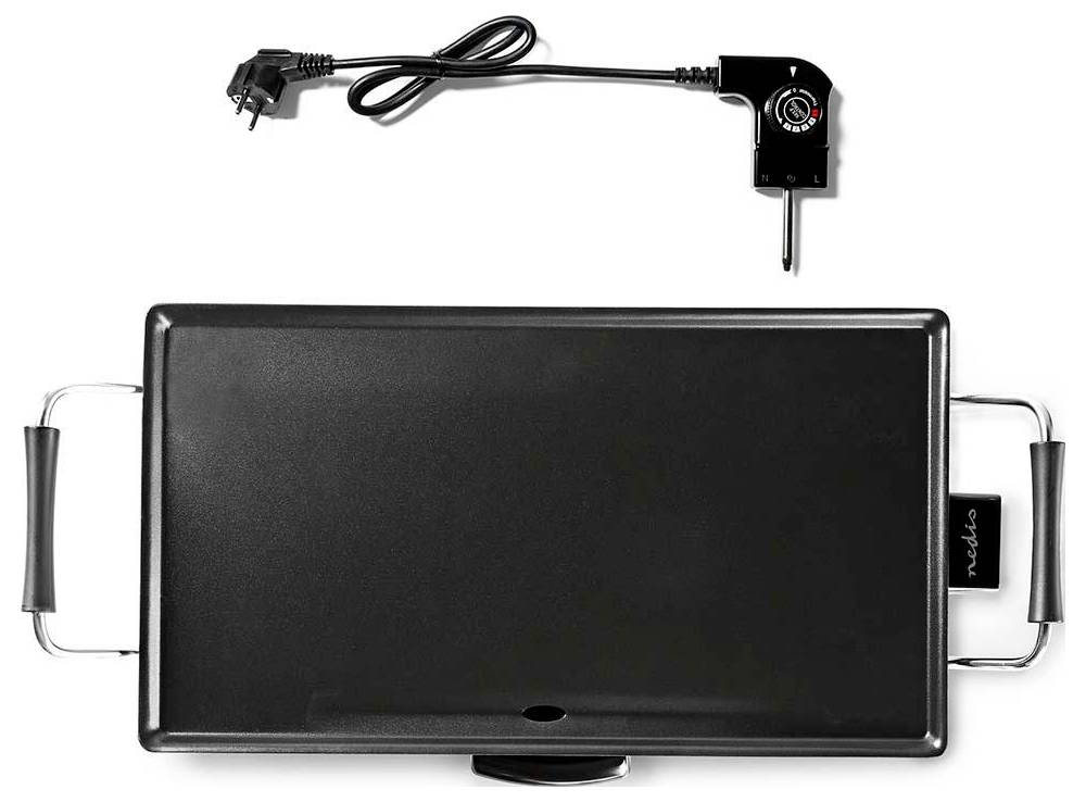 Plaque électrique avec surface de cuisson antiadhésive noire, poignées latérales doubles et cordon de contrôle de température amovible.