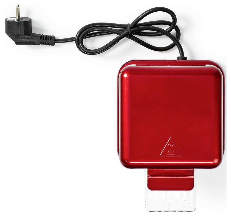 Un adaptateur secteur rouge avec une prise, vu de dessus. L'adaptateur possède une petite étiquette triangulaire et est connecté à un cordon d'alimentation noir.
