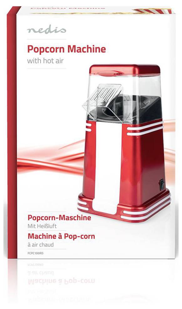 Machine à pop-corn rouge et blanche à air chaud, avec emballage présentant l'image du produit. Texte en anglais, allemand et français décrivant le produit.