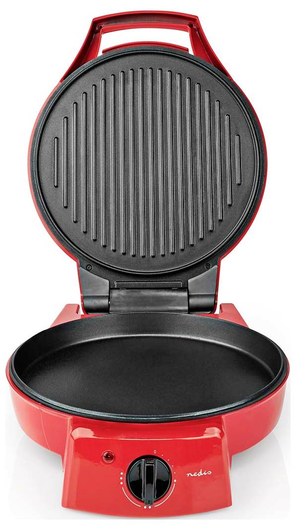 Un grill électrique rouge avec un couvercle ouvert, révélant une surface de cuisson striée, et un bouton de contrôle de température à la base.