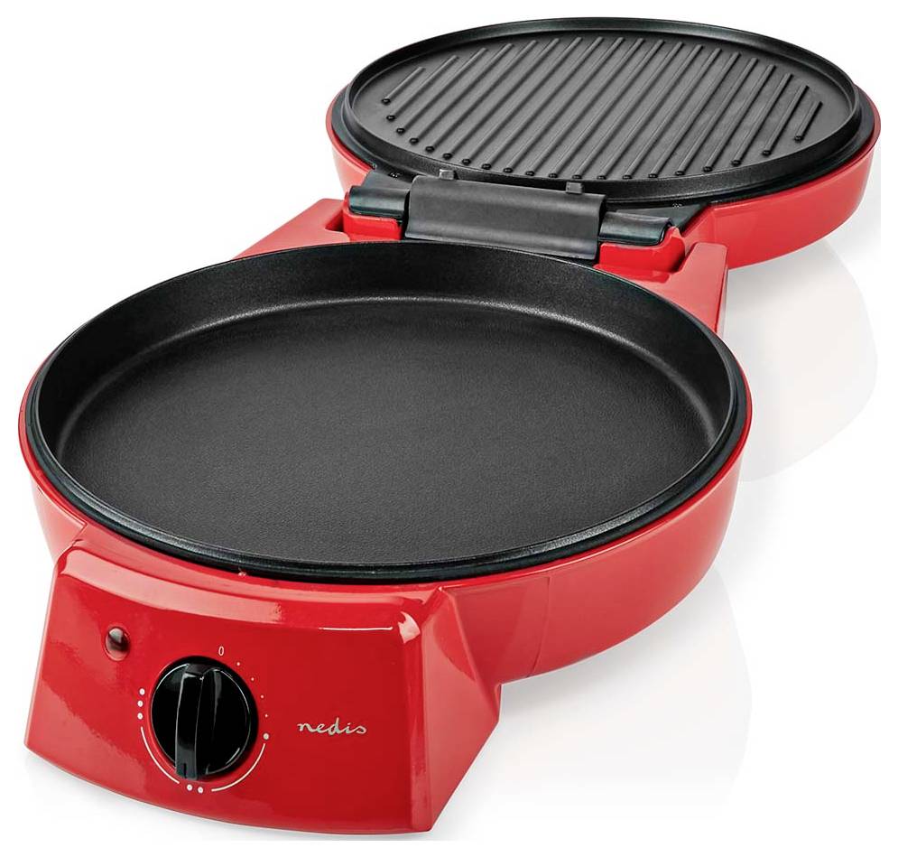 Un appareil de cuisson électrique rouge avec gril et plaque de cuisson, doté de deux surfaces de cuisson.