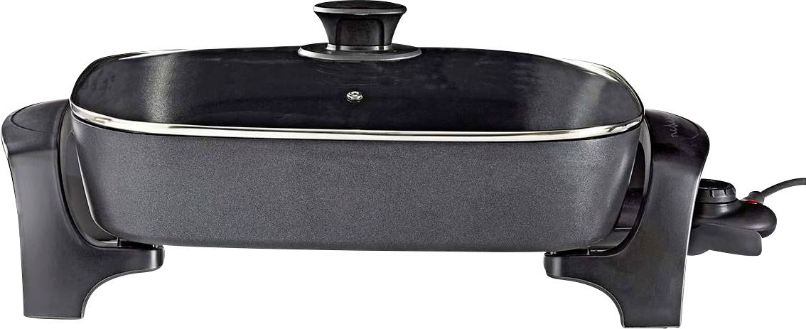 Une poêle électrique noire avec un couvercle en verre, des poignées noires et un bouton de contrôle de température situé sur le côté droit, conçue pour une cuisine polyvalente.