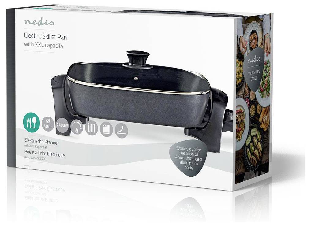 « Poêle électrique Nedis avec capacité XXL » emballage présentant la poêle avec un couvercle en verre, des poignées latérales et des photos de divers plats.