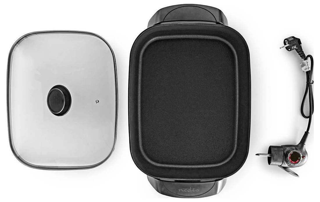 Plaque chauffante électrique avec couvercle en verre amovible, surface de cuisson antiadhésive et prise de contrôle de température. Adaptée à la cuisson à l'intérieur.