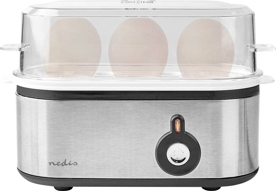 Cuiseur à œufs avec corps en métal et couvercle transparent, pouvant contenir trois œufs, prêt à la cuisson.