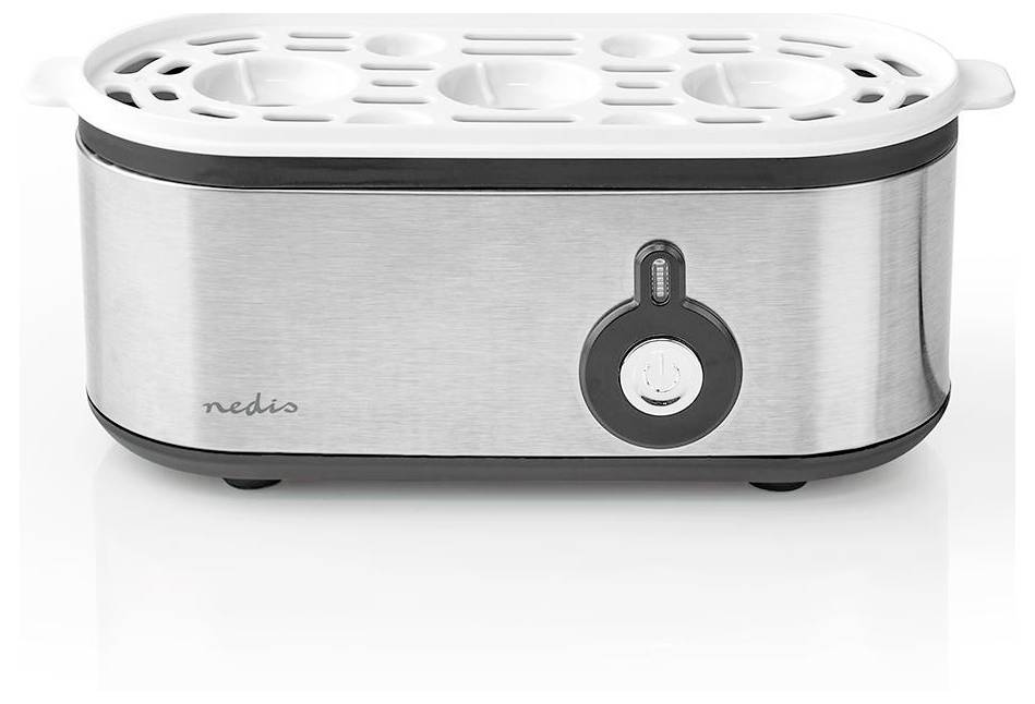 Cuiseur à œufs avec corps en acier inoxydable, support en plastique pour six œufs, et un bouton marche situé sur l'avant.