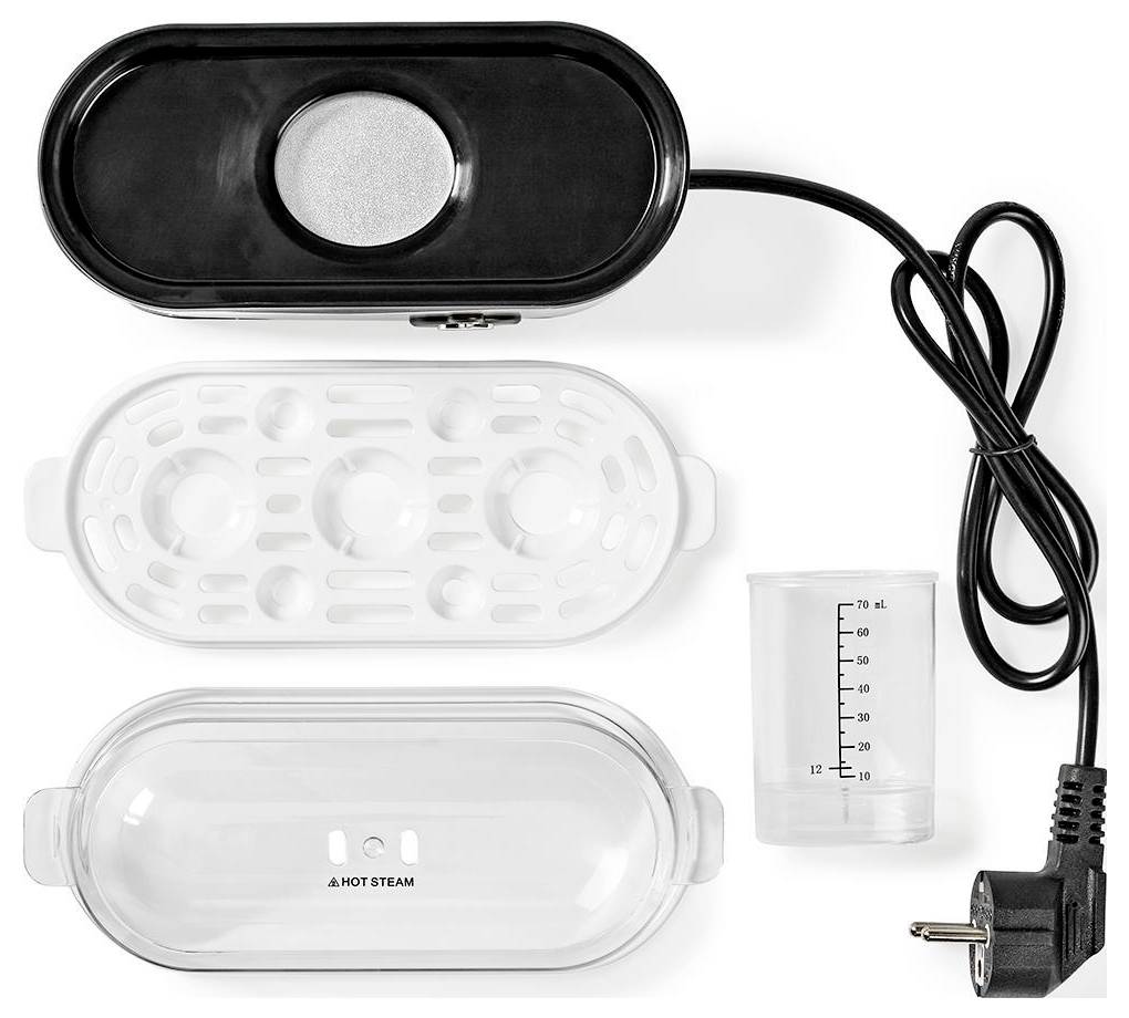 Cuiseur vapeur électrique avec trois composants amovibles, comprenant une base noire avec fiche électrique, un plateau perforé blanc et un couvercle transparent.