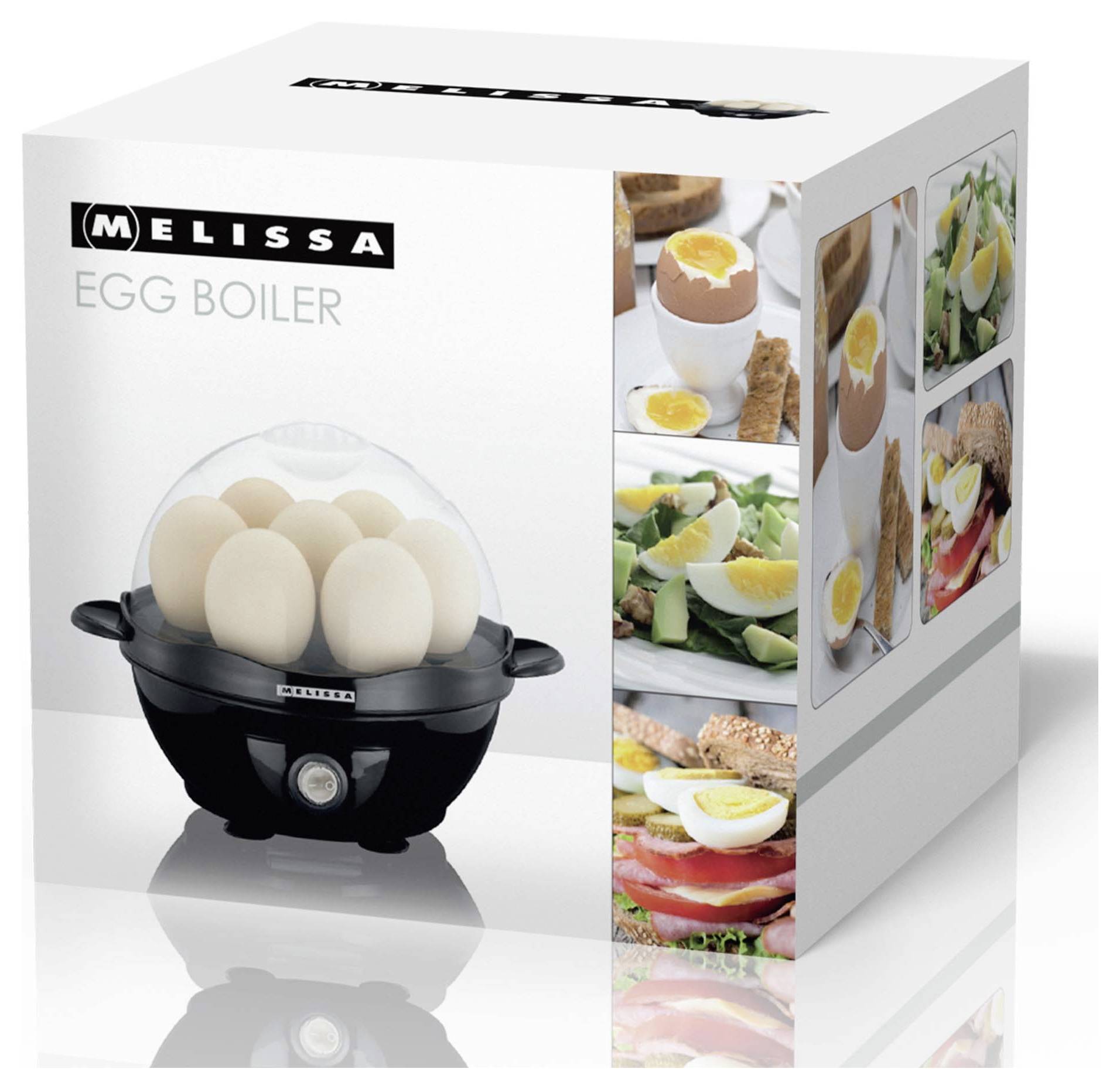L'image montre un emballage pour un cuiseur à œufs Melissa avec une photo de l'appareil pouvant contenir six œufs. Des images supplémentaires présentent différents plats à base d'œufs pochés.