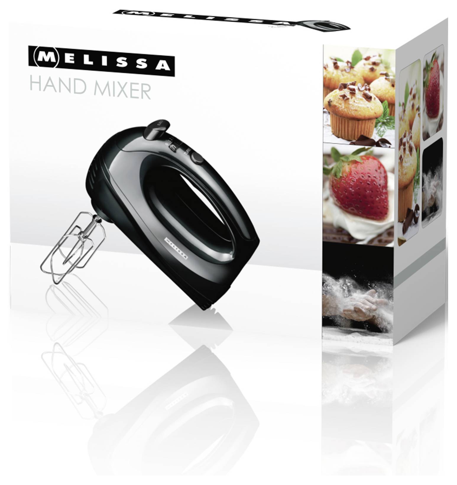 Boîte présentant un mixeur à main noir avec ses accessoires ; des images latérales montrent des cupcakes, des fraises et de la farine, suggérant des utilisations en pâtisserie.